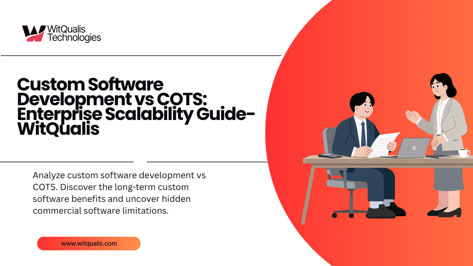 A comprehensive enterprise operations graphic comparing custom software development vs COTS, highlighting custom software benefits and commercial software limitations.