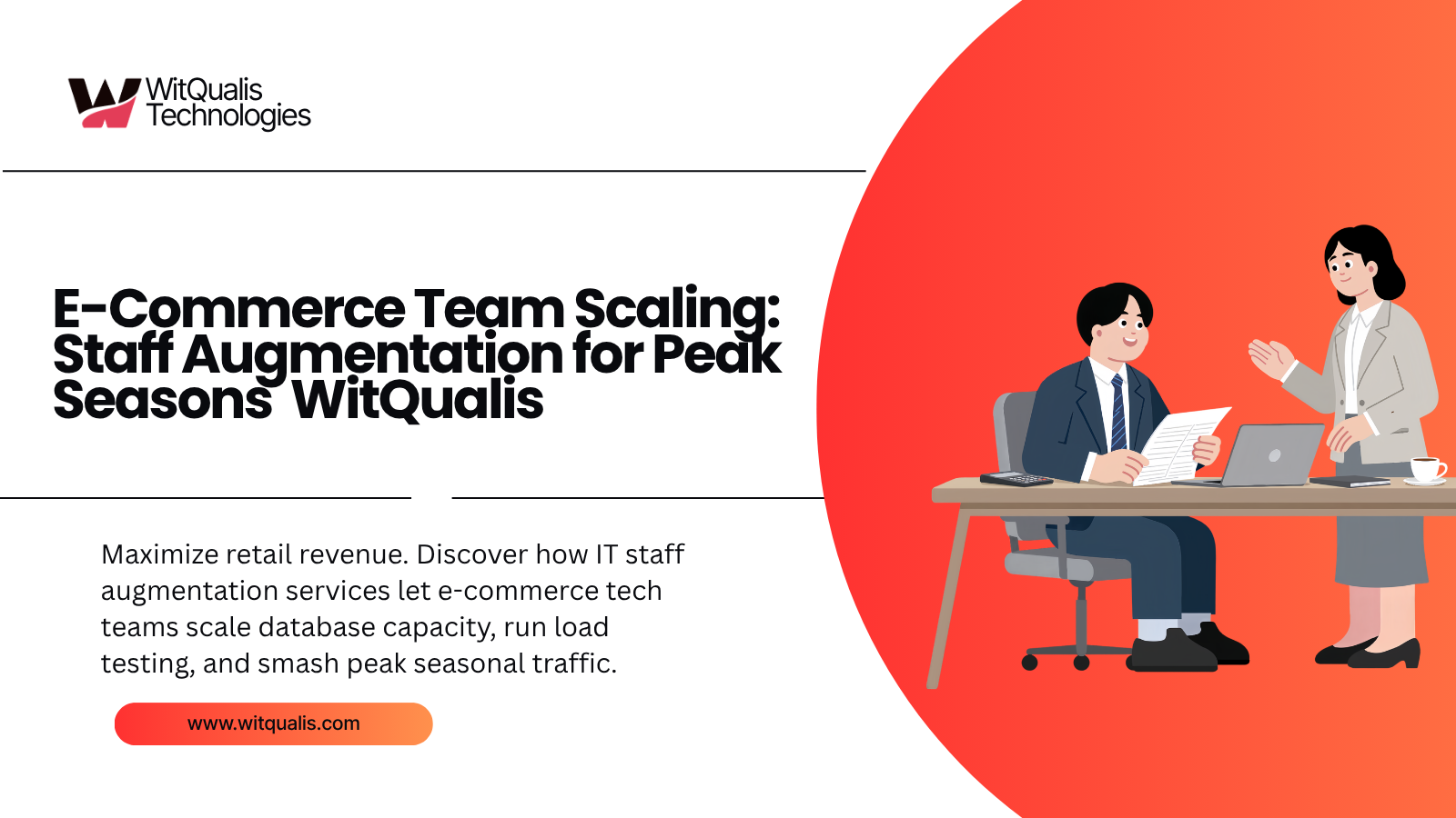 An enterprise infographic showing how e-commerce platforms leverage staff augmentation to scale load testing, payment integrations, and frontend optimization for peak seasons.