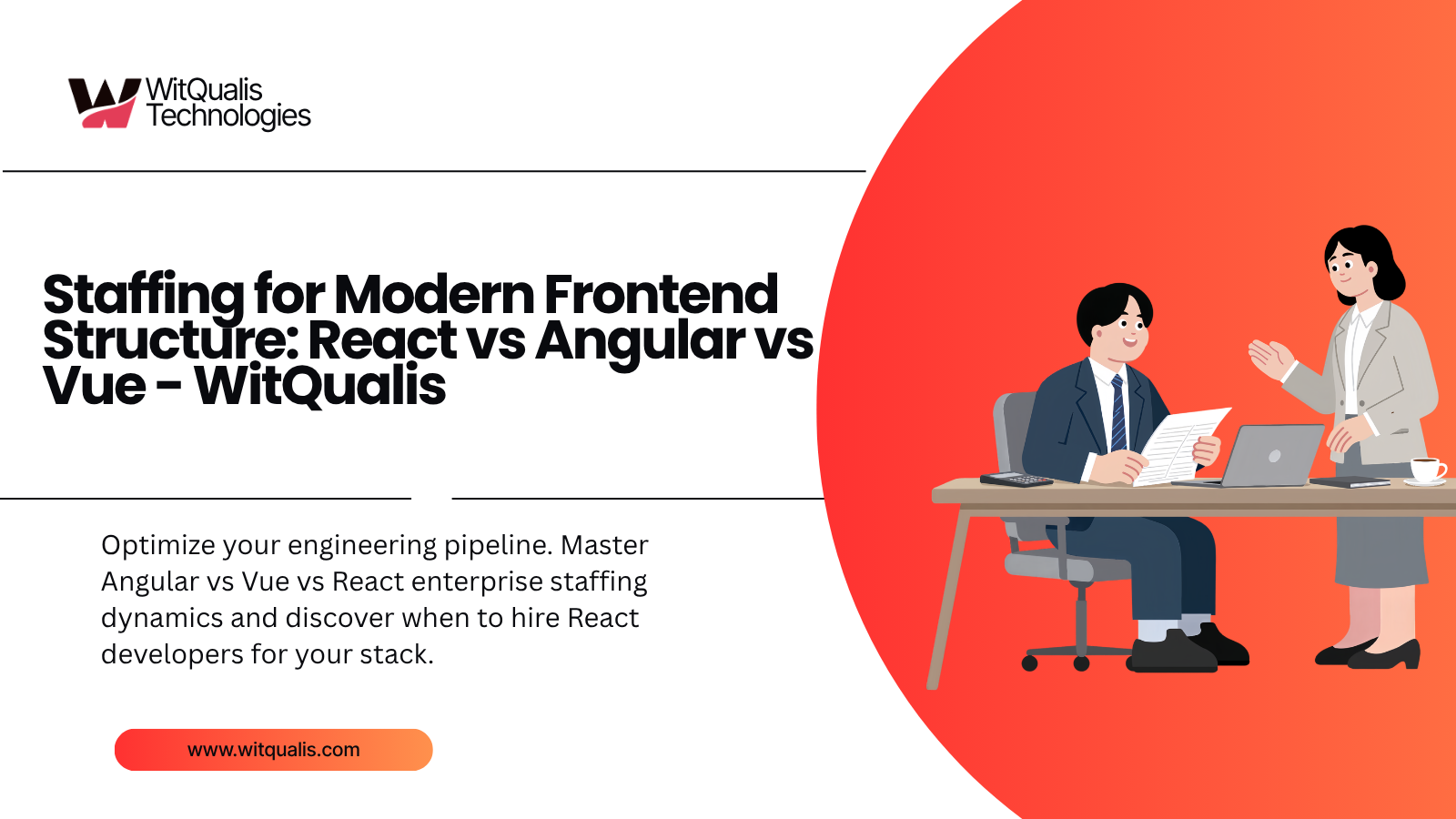 A clean enterprise resource infographic highlighting Angular vs Vue vs React enterprise staffing metrics, onboarding speeds, and modern frontend developer skills.