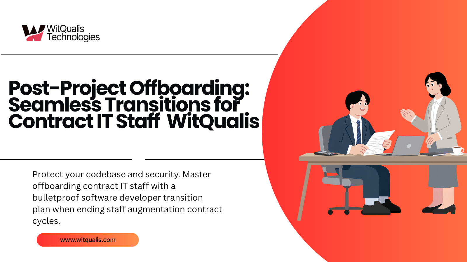 A high-tech enterprise infographic outlining the 4-pillar offboarding framework for contract IT staff, showing knowledge transfer, security access revocation, asset clearance, and transition timelines.