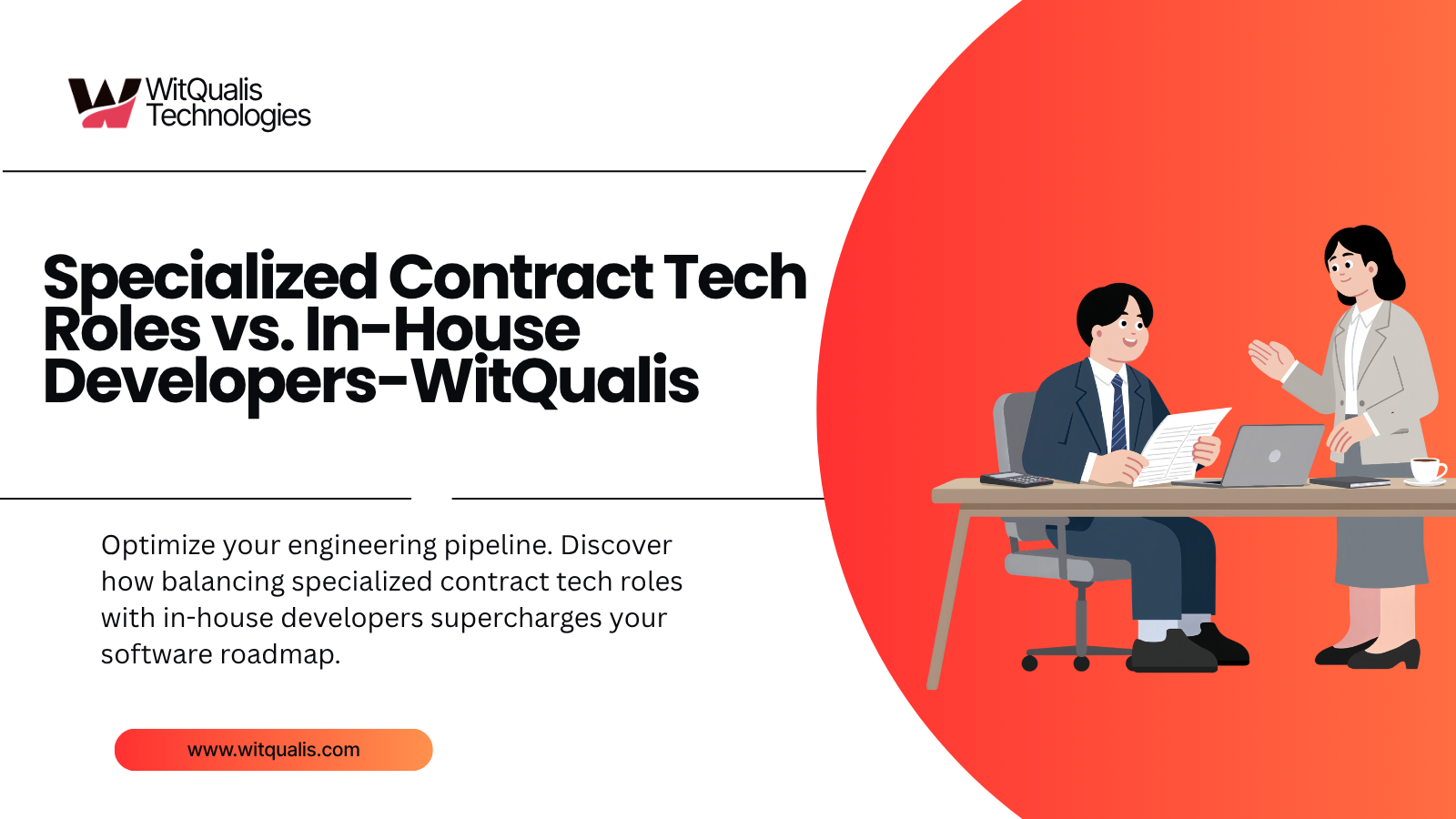 A clear corporate engineering infographic illustrating a hybrid tech team model, comparing full-time generalist responsibilities against specialized contract tech roles within a hybrid agile framework.